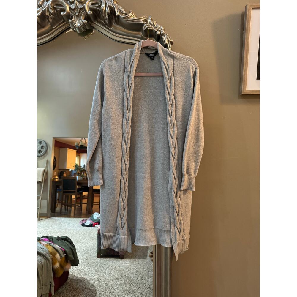 Vera Vera Wang open-front cardigan sweater with braided trim, Heather Gray